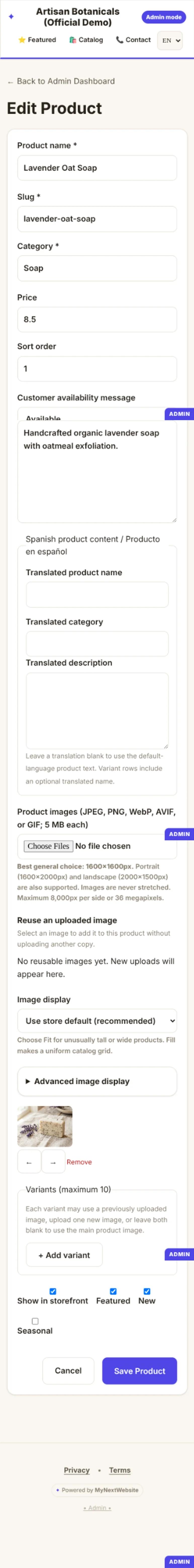 Mobile Product Edit View